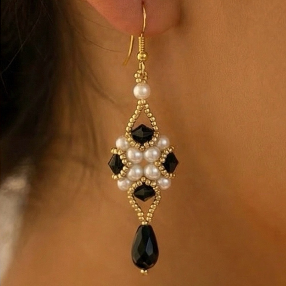 Elegant Black and silver and Gold Pearl Drop Earrings